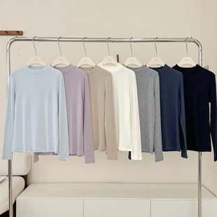 秋冬季天丝绵羊毛套头上衣女百搭显瘦修身纯色针织衫打底衫轻绒衣