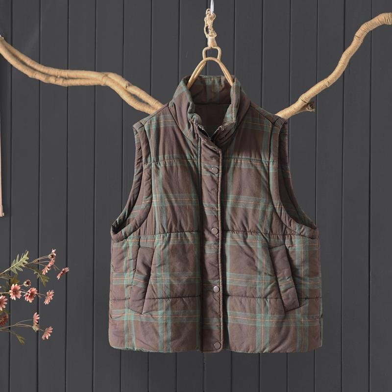 冬季格子夹棉加厚马甲文艺棉衣女