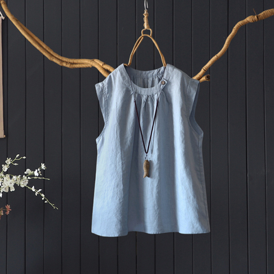 100%亚麻宽松慵懒小飞袖背心上衣