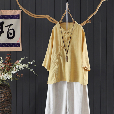 春夏季暗纹提花亚麻T恤茶服上衣