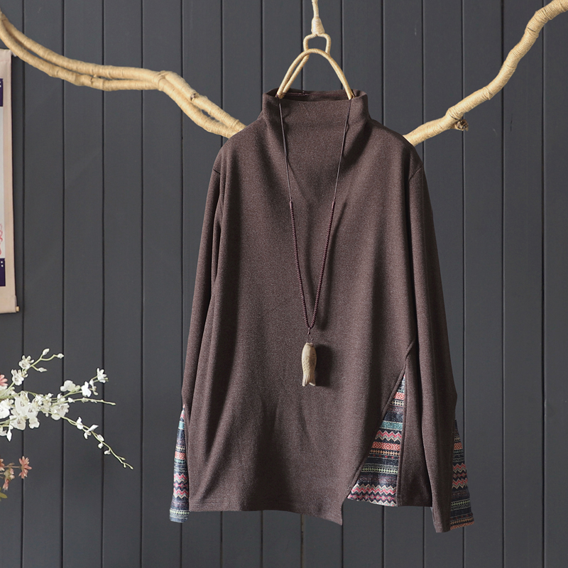 德绒套头半高领贴布打底衫上衣女