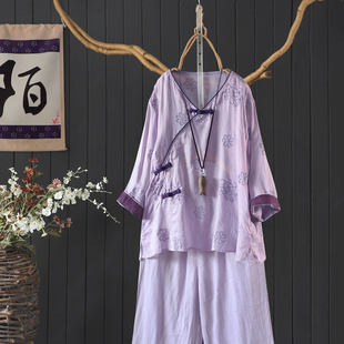 清仓特价 优雅V领盘扣100支细苎麻上衣七分袖刺绣改良汉服茶服女