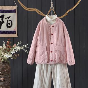 2024年冬文艺复古夹棉加厚亚麻外套女宽松保暖纯色大口袋棉衣棉服