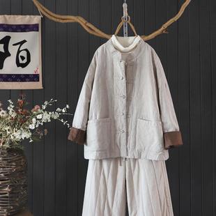 冬季暗纹提花夹棉加厚亚麻外套女士棉衣宽松慵懒复古盘扣棉服棉袄
