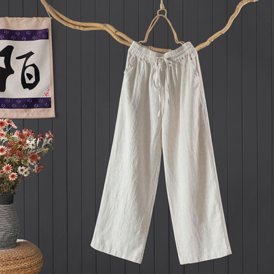 文艺显瘦系带长裤直筒裤亚麻