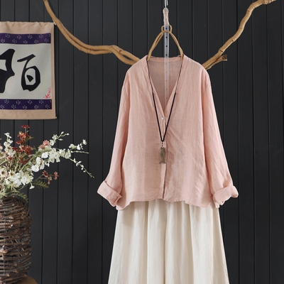 薄款长袖亚麻衬衫外披空调衫女夏
