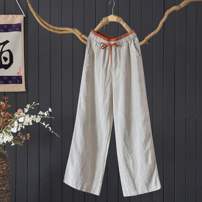 高品亚麻长裤禅茶裤女2025春夏宽松显瘦系带撞色阔腿版直筒裤麻裤
