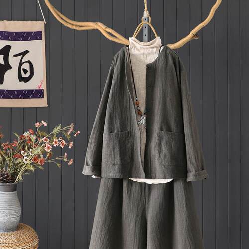 文艺复古亚麻砂洗做旧外套女短款