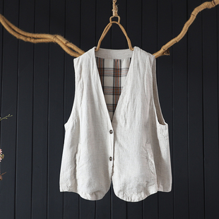 文艺宽松V领无袖马夹外搭女2024年秋燕尾摆双层开衫做旧亚麻马甲