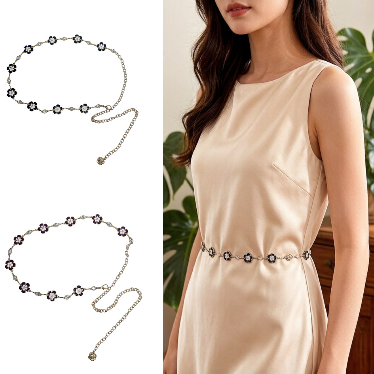 花朵装饰腰链女士金属细腰带时尚水钻糖果色配连衣裙饰品简约链条