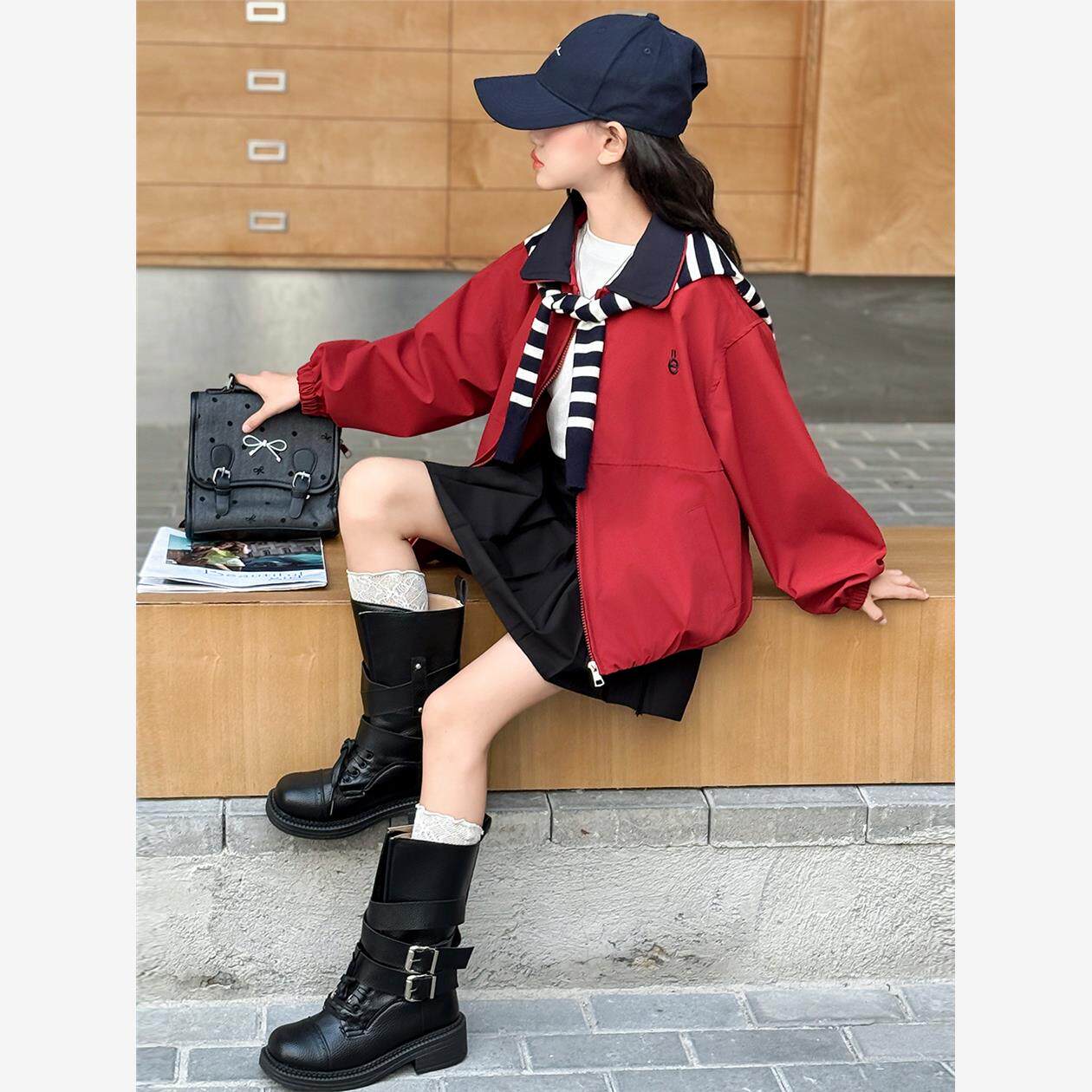 女童条纹披肩外套春秋款2025新款大童秋季洋气红色不带帽夹克上衣