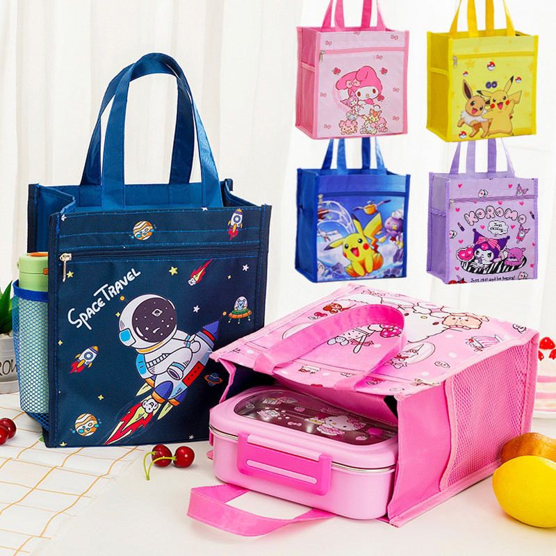 可爱卡通防水小学生帆布饭盒袋子儿童便携午餐带饭便当大手提拎包