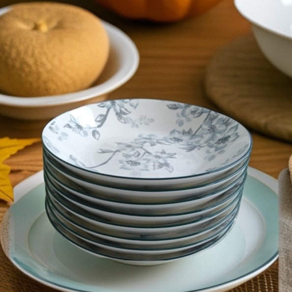 家用高档加厚防烫耐高温陶瓷釉下彩餐具圆盘汤盘饭盘迎春系列