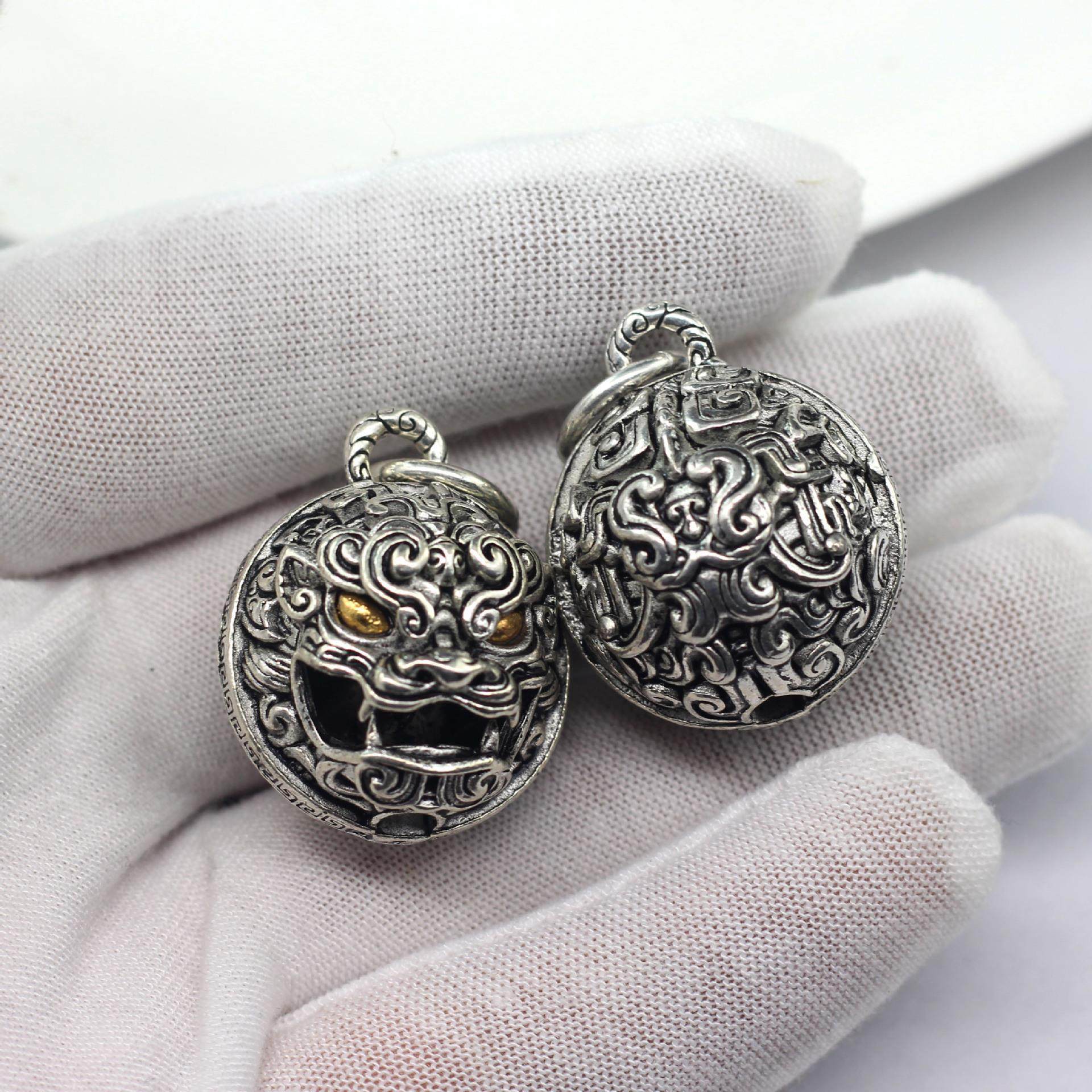 国风合金镶嵌双色醒狮子头铃铛吊坠 民族风diy饰品配件图腾挂件