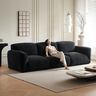 法式复古格兰德沙发客厅小户型雪尼尔现代极简约直排黑色布艺沙发