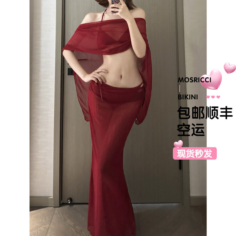 2026新款辣妹红色比基尼长裙纯欲性感显白度假海边温泉泳衣女欧美