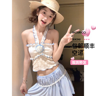 泰国挂脖吊带背心女性感辣妹风上衣短裙分体泳衣女保守学生甜美
