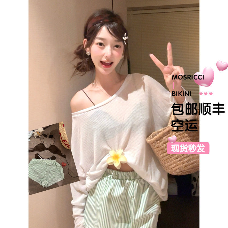 白色薄款微透斜肩长袖防晒罩衫宽松慵懒比基尼分体泳衣女短裤显瘦,运动/瑜伽/健身/球迷用品,分体泳衣,淘宝优惠券,粉丝福利购,淘宝优惠卷