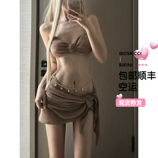 欧美ins分体泳衣女比基尼三件套高级感性感泡温泉海边度假裹裙