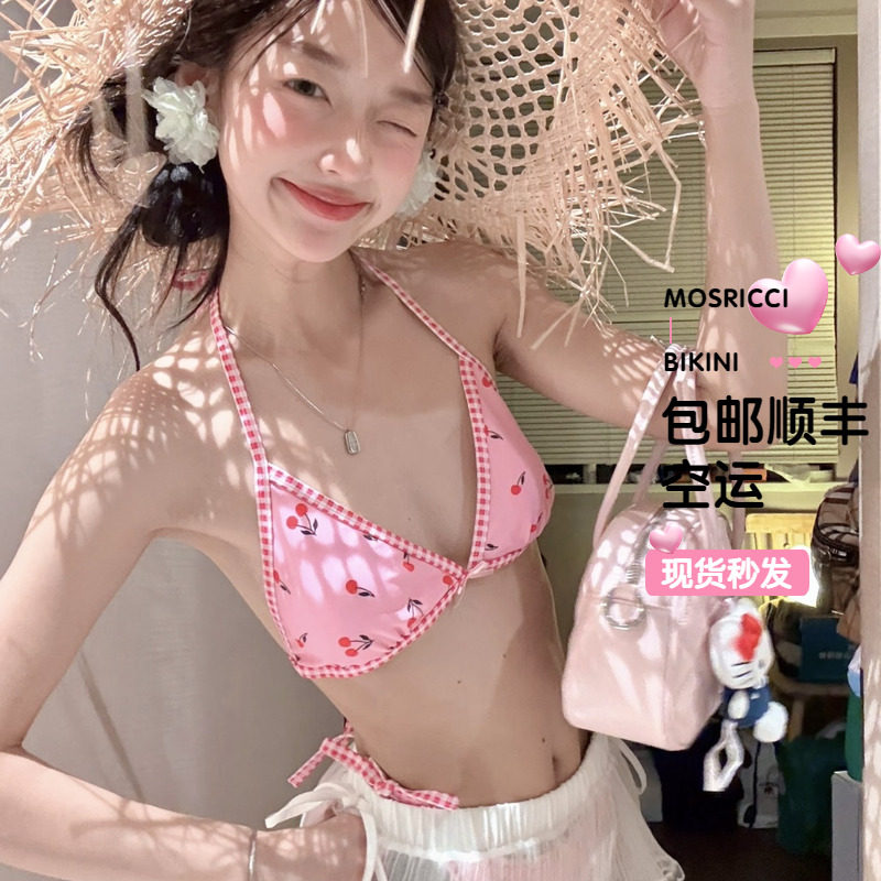 夏新品樱桃可爱少女比基尼屁帘罩衫玩水小孩姐分体泳衣女保守防晒