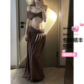 欧美抹胸一字肩性感长裙度假带胸垫分体泳衣女纯欲女神气质大牌