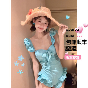 甜美保守连体泳衣女学生钢托聚拢显瘦遮肉荷叶边显白小胸聚拢花边