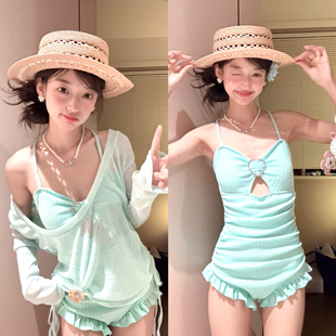 顯瘦花邊罩衫 防曬遮肉學生顯白小清新 少女連體泳衣女保守修身 韓版