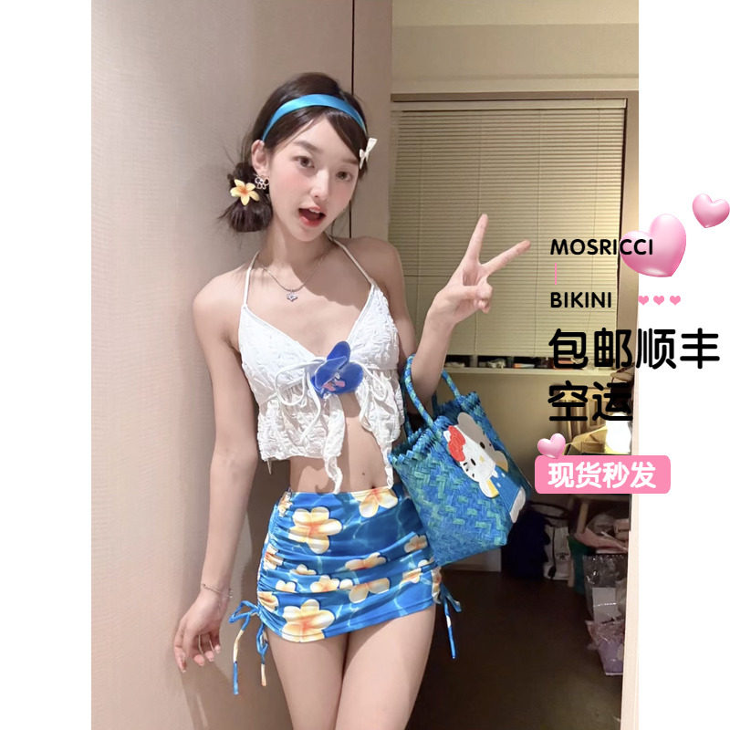 印花度假分体泳衣女包裙三件套吊带可外穿有胸垫遮肉显瘦保守沙滩