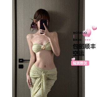 泰国抹胸度假三件套比基尼ins风欧美性感胸垫温泉分体泳衣长裙