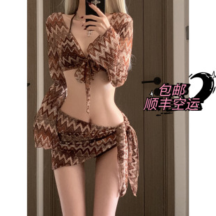 Mosricci欧美度假风民族罩衫 分体泳衣 遮肉防晒三角裹裙比基尼套装