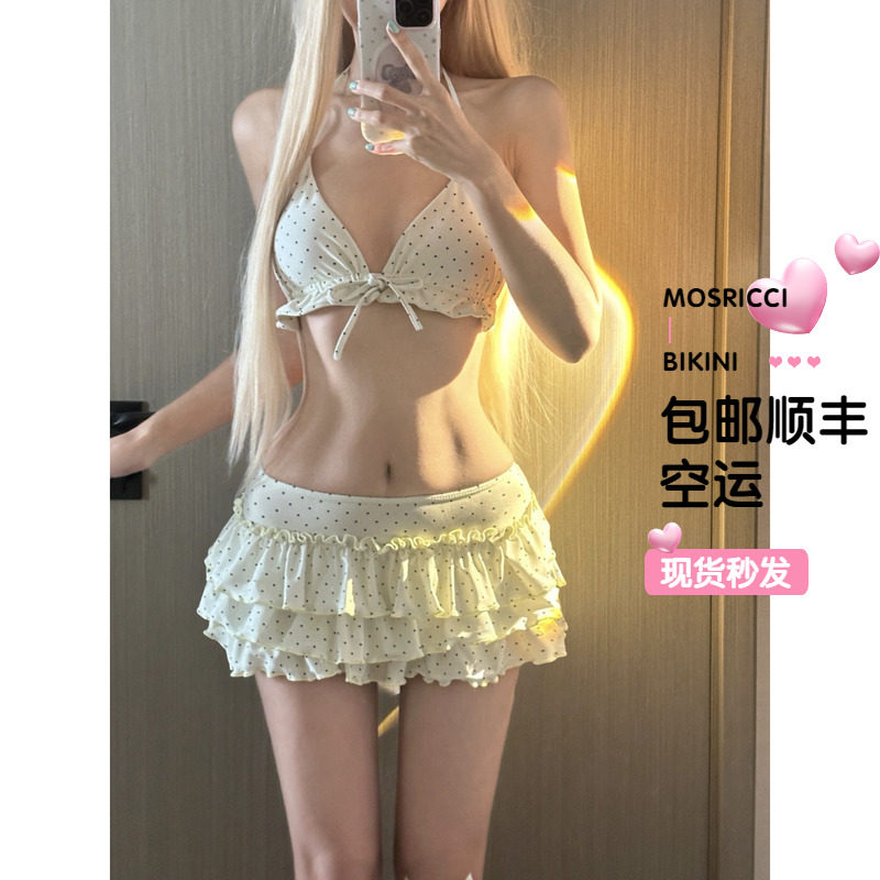 法式甜美波点蝴蝶结蛋糕裙纯欲风分体泳衣女三件套比基尼小胸遮肚