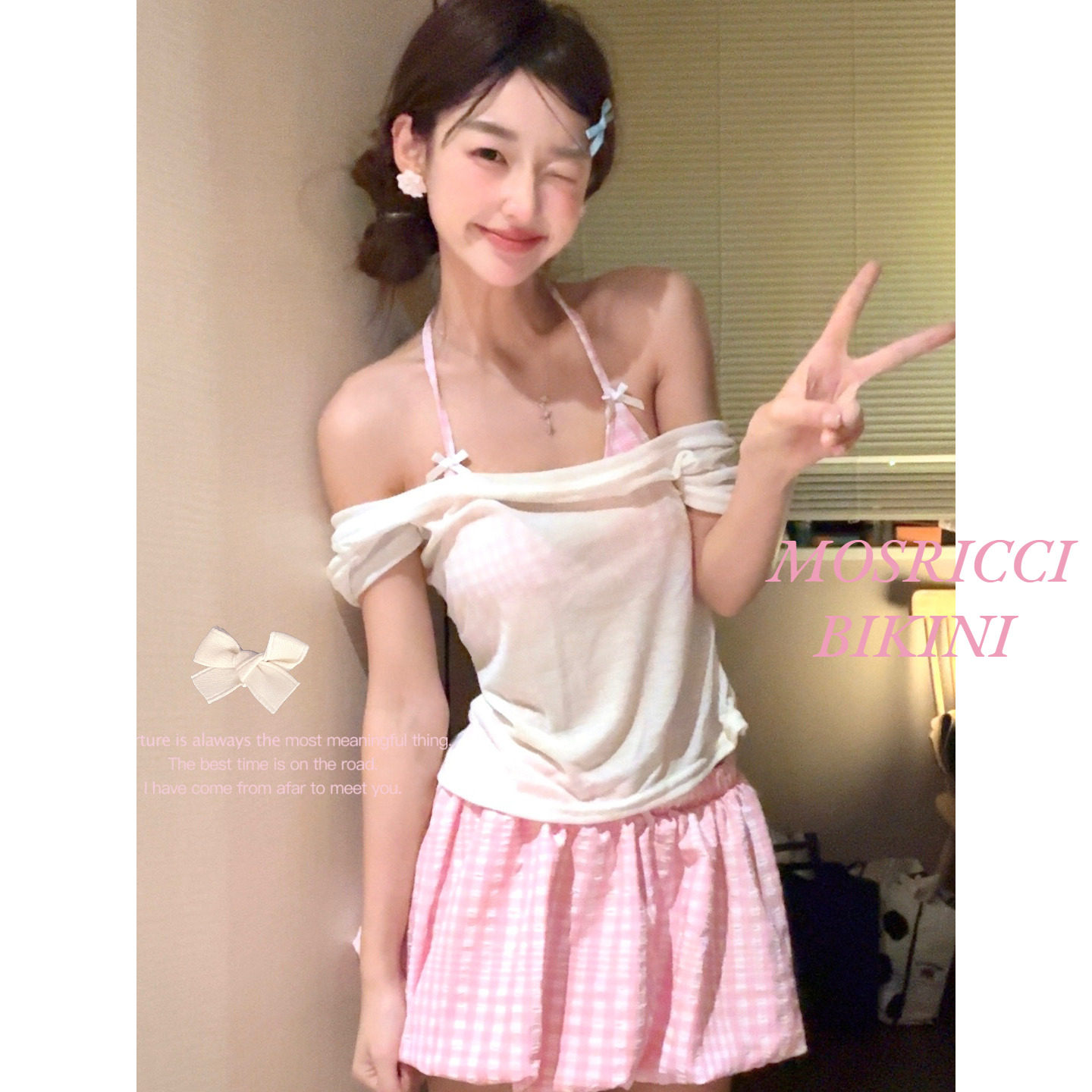 韩版少女格子粉色分体泳衣女泡泡裙短袖遮肉遮肚保守学生水上乐园