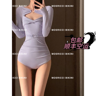 mosricci紫色纯欲风显白修身 连体泳衣女显瘦三角有胸垫保守 长袖