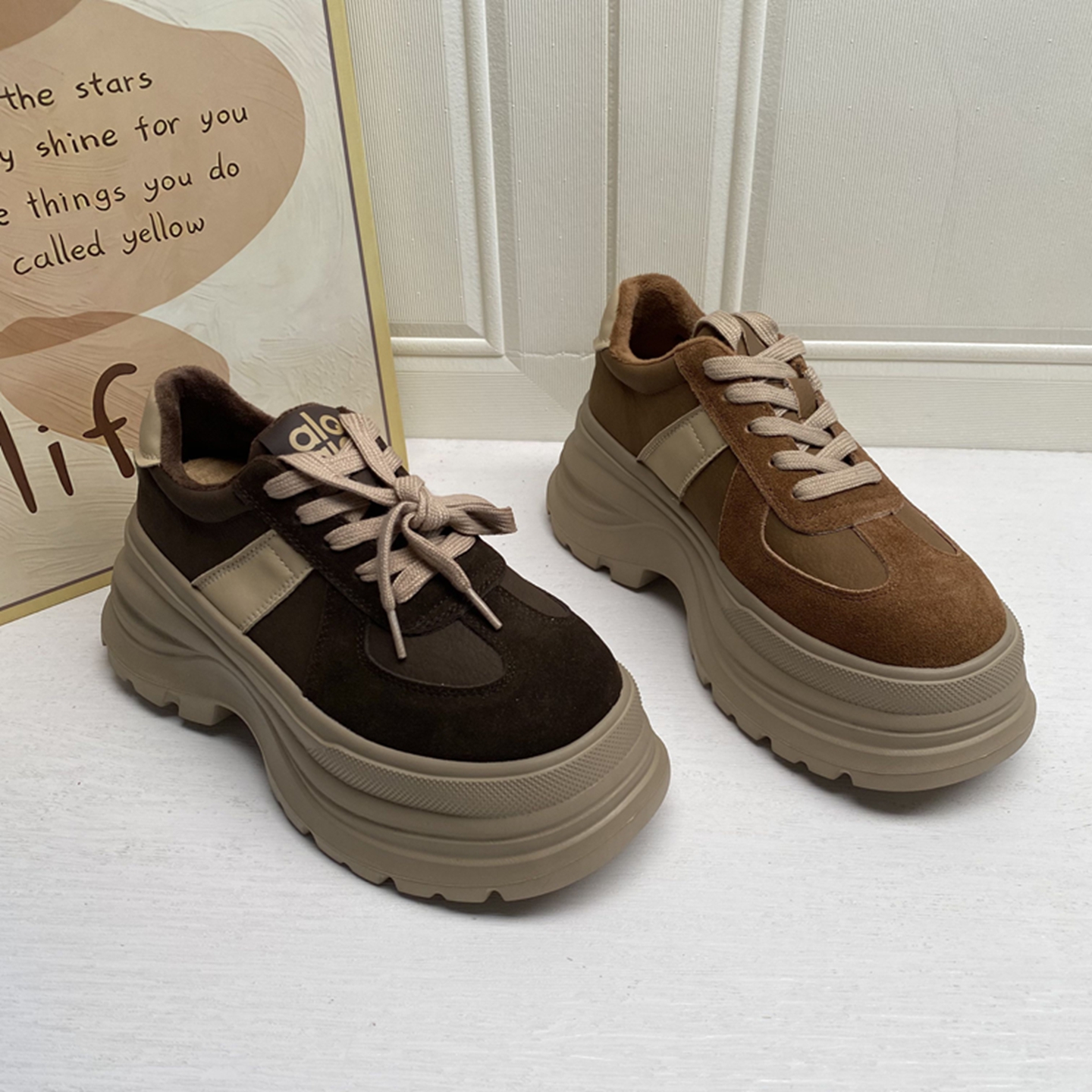 2025年冬季新款真皮女鞋工厂货圆头厚底松糕底高跟系带休闲鞋