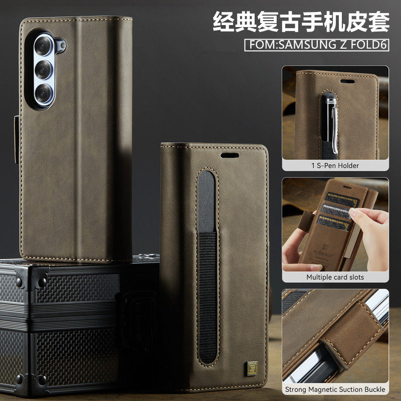 适用三星Z FOLD6 Galaxy ZFold7带笔槽中轴商务翻盖皮套Galaxy ZFold5钱夹插卡折叠屏手机壳高级感W24防摔W23