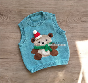 定制无现货 小熊的圣诞节   卡通图案背心马甲  圆领手工儿童毛衣