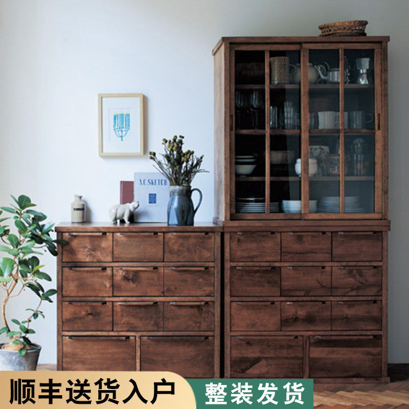 实木斗柜碗柜复古矮柜黑胡桃色书柜抽屉柜橱柜储物柜餐边柜茶水柜