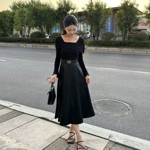 小个子显瘦长裙拼接高腰裙子皮裙