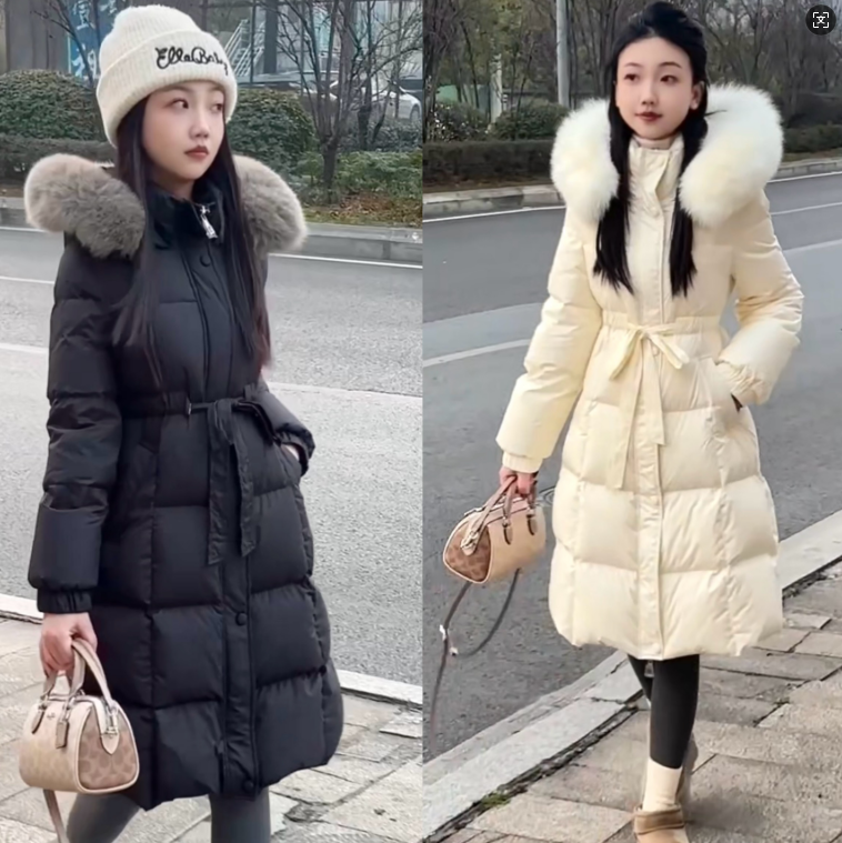 小个子中长款收腰连帽毛领