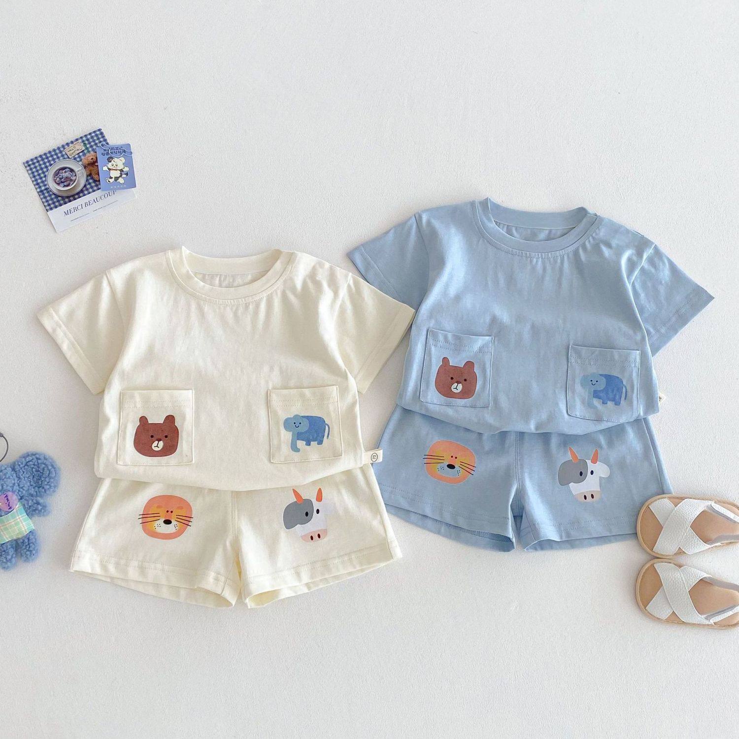 儿童卡通动物套装夏季新款男女童时尚印花T恤宝宝卡通短裤两件套