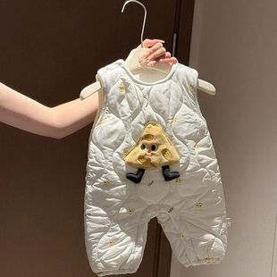 婴幼儿秋冬背带裤夹棉加绒背心超萌卡通连体衣冬季外出马甲爬爬服