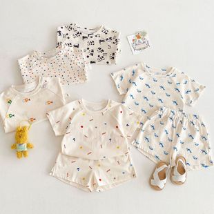 棉布满印卡通短裤 夏季 两件套小童男女宝宝睡衣 家居服套装 儿童短袖