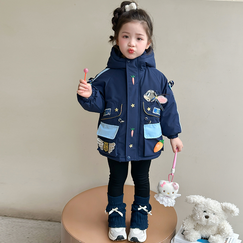 女童加绒外套秋冬季2025新款儿童兔子警官衣服小女孩冬装加厚棉服
