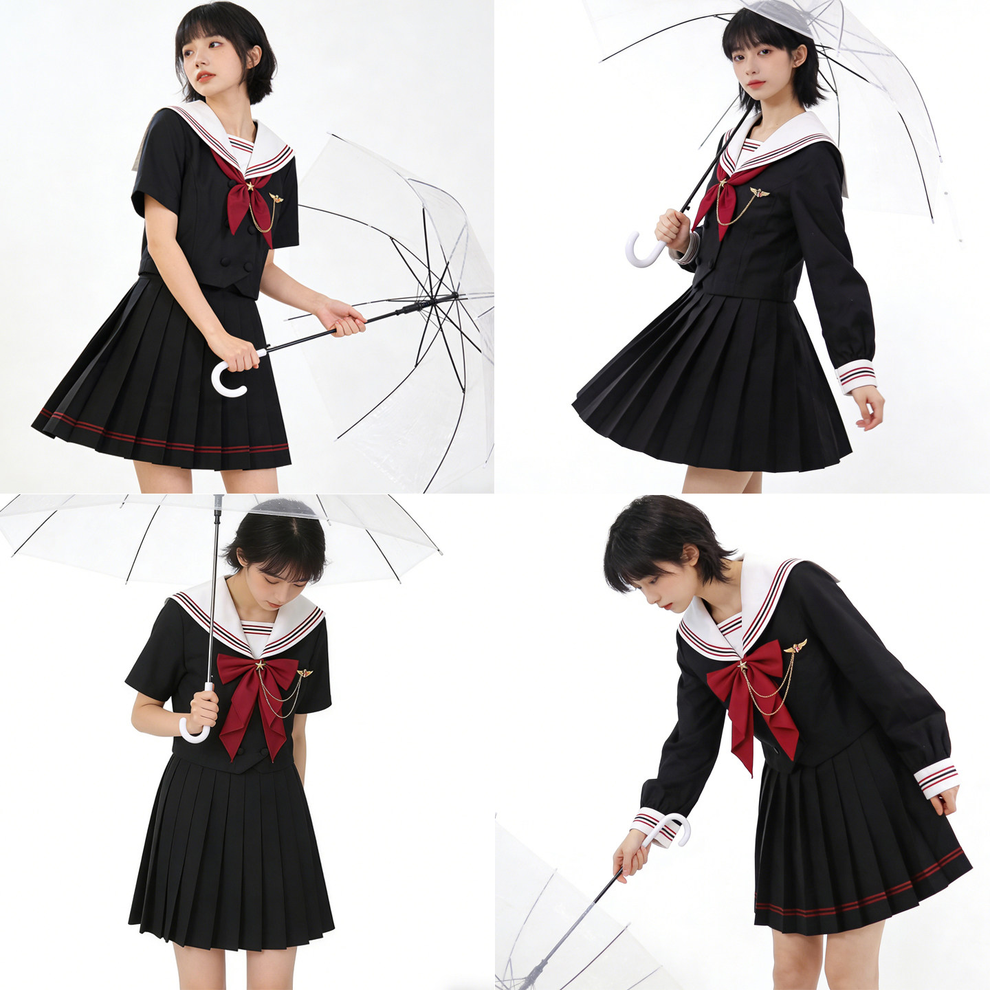日系白领黑红三本水手服学院风原创JK制服学生黑色百褶裙套装校服