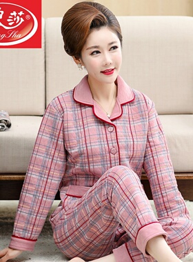 中年妈妈睡衣女秋冬纯棉长袖加厚空气棉中老年冬季保暖夹层家居服