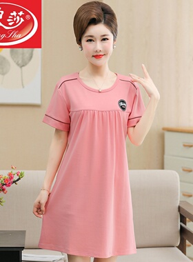 睡裙女夏季薄款中年妈妈纯棉短袖中老年全棉大码中长款连衣裙睡衣
