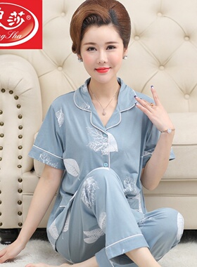 中老年中年妈妈睡衣女夏季薄款短袖纯棉奶奶加大码半袖家居服套装