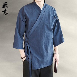 七分袖汉服男夏季中国风斜襟禅意居士服男装古风茶服棉麻道袍外套