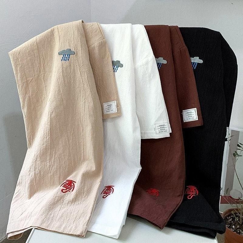 夏季宽松亚麻短袖T恤男圆领潮流体恤衫薄半截袖棉麻刺绣麻布上衣