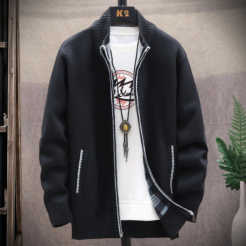 秋冬季新款针织衫男士开衫外套加绒加厚连帽拼色毛衣外搭衣服夹克